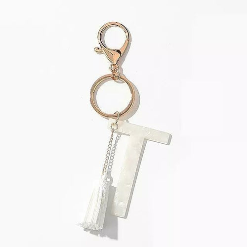 White Keychain with Initial and Tassel