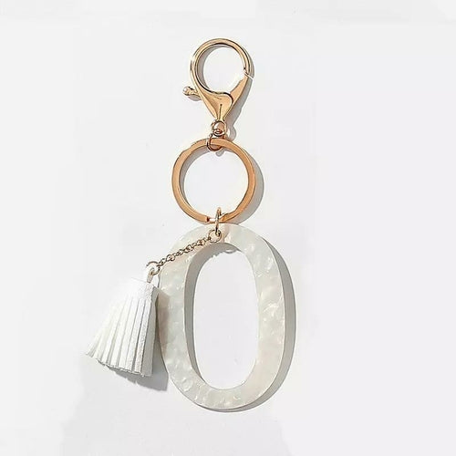 White Keychain with Initial and Tassel