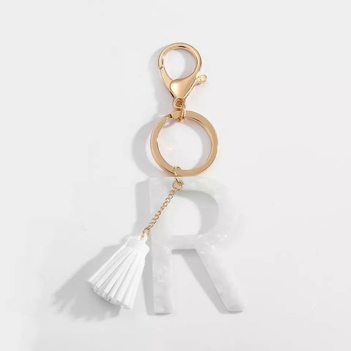 White Keychain with Initial and Tassel