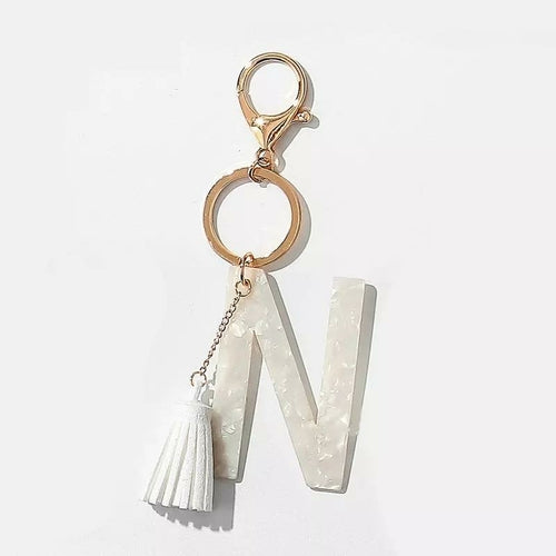 White Keychain with Initial and Tassel