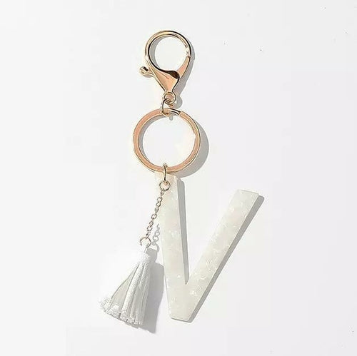White Keychain with Initial and Tassel