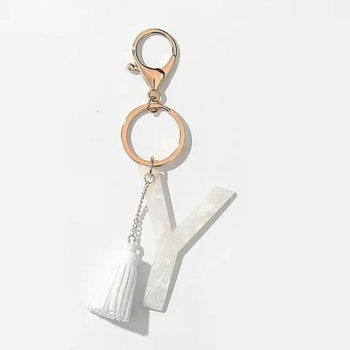 White Keychain with Initial and Tassel