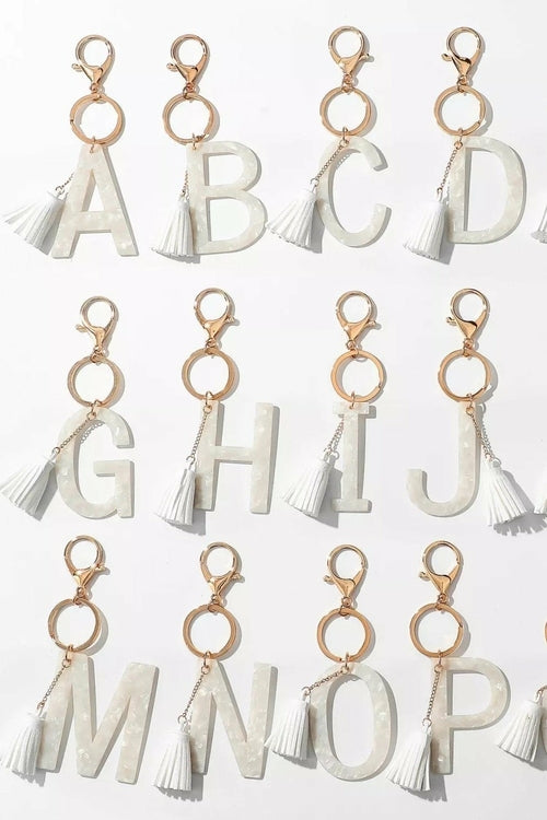 White Keychain with Initial and Tassel