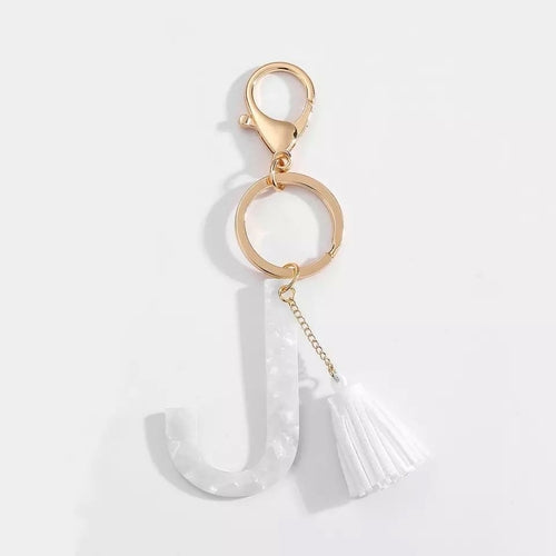 White Keychain with Initial and Tassel