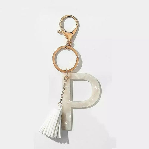 White Keychain with Initial and Tassel