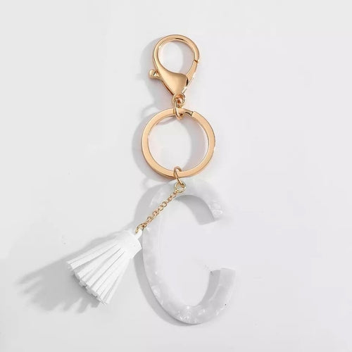 White Keychain with Initial and Tassel