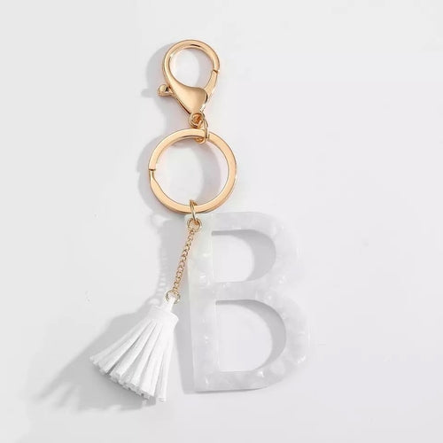 White Keychain with Initial and Tassel