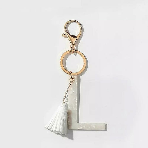 White Keychain with Initial and Tassel