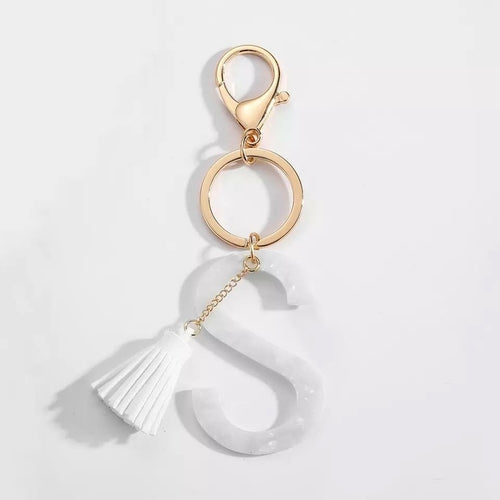 White Keychain with Initial and Tassel