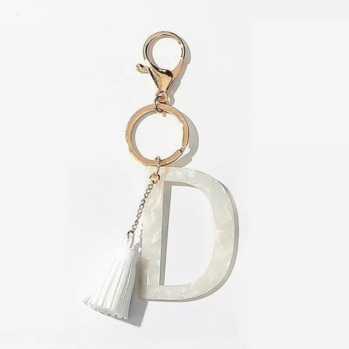 White Keychain with Initial and Tassel