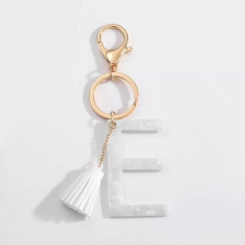 White Keychain with Initial and Tassel