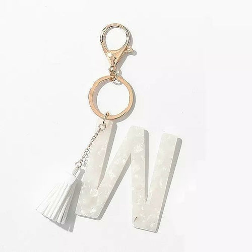 White Keychain with Initial and Tassel