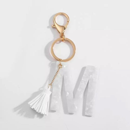 White Keychain with Initial and Tassel