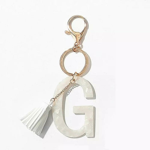 White Keychain with Initial and Tassel