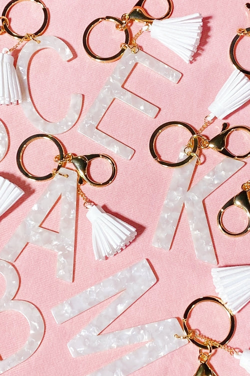 White Keychain with Initial and Tassel