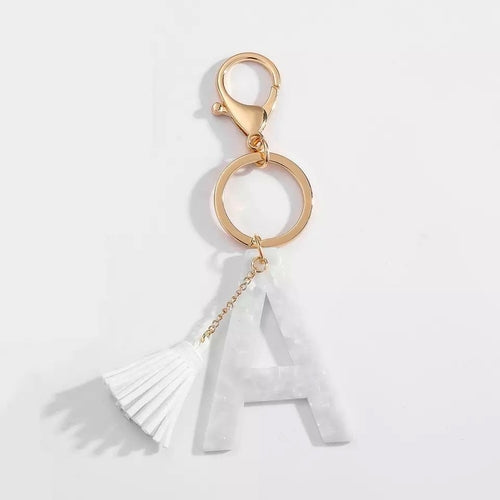 White Keychain with Initial and Tassel
