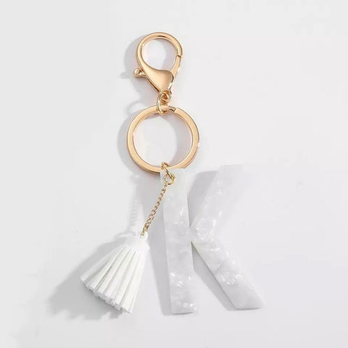 White Keychain with Initial and Tassel